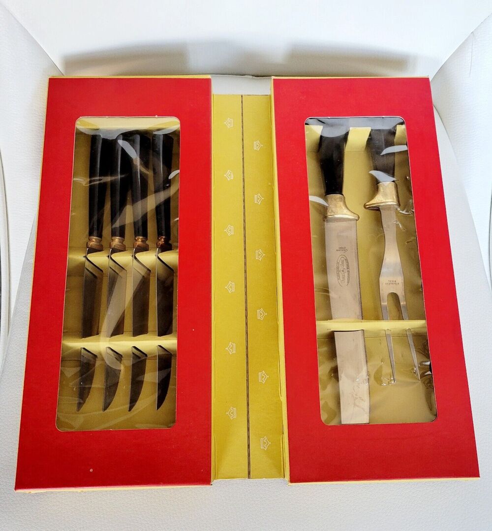 Sheffield Carving Set W/ 4 Steak knives Crown Crest Stainless Steel 6 pc VTG Set